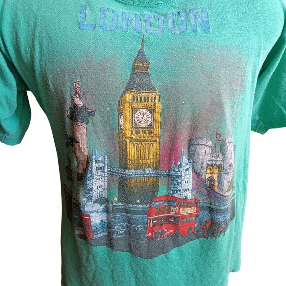 Large Vintage T-shirt Single Stitch London Big Ben Double-Decker Bus Turquoise - Picture 2 of 8